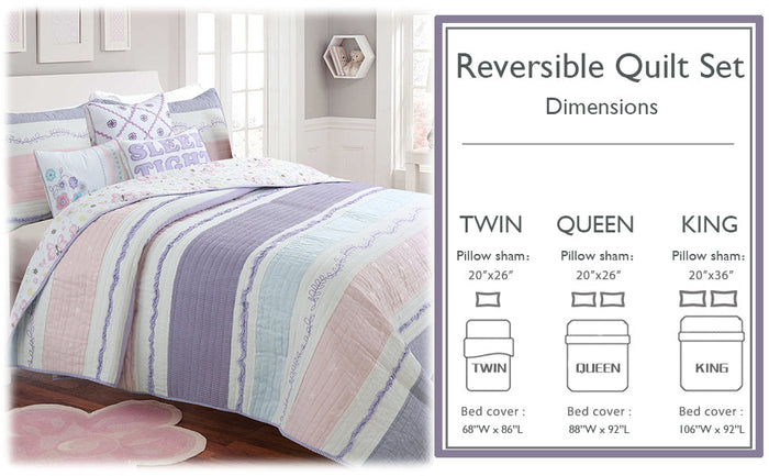 Lavender Pink Blue Chic Ruffle Girl Cotton Reversible Quilt Bedding Set