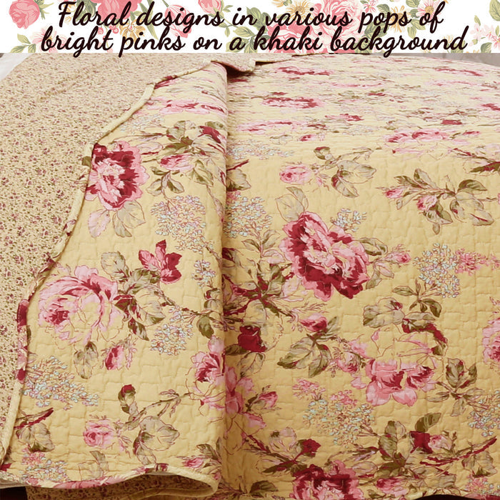 Lelia Pink Floral Scalloped Edge 3-piece Cotton Reversible Quilt Bedding Set