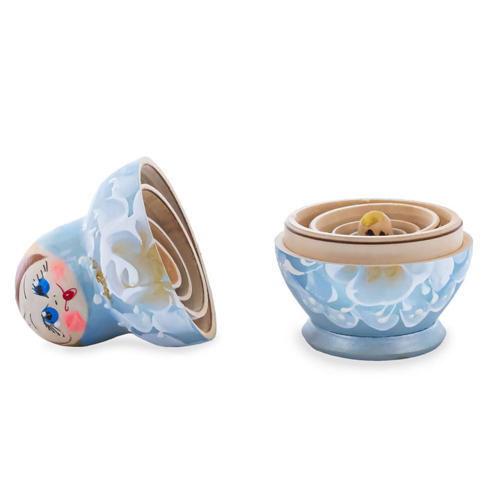 Light Blue Color with White Flowers Wooden  Nesting Dolls
