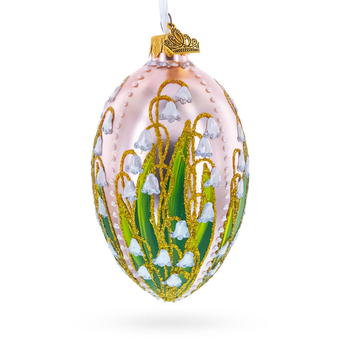 Lily of the Valley on Frosted Rose Egg Glass Ornament 4 Inches