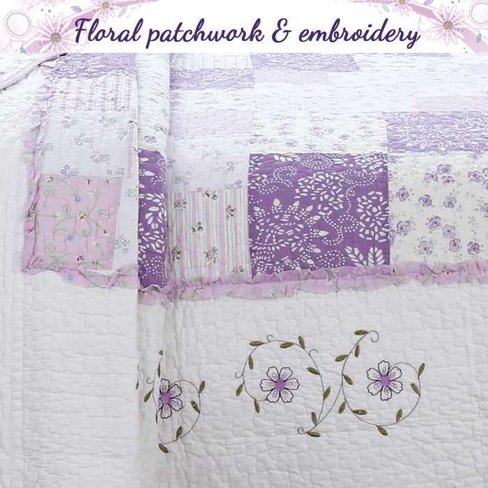 Love of Lilac Lavender Floral Real Patchwork Purple Scalloped Cotton 3-Piece Reversible Quilt Bedding Set