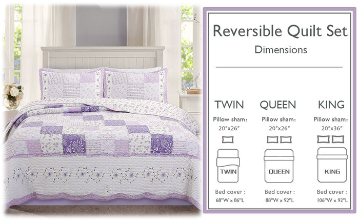 Love of Lilac Lavender Floral Real Patchwork Purple Scalloped Cotton 3-Piece Reversible Quilt Bedding Set