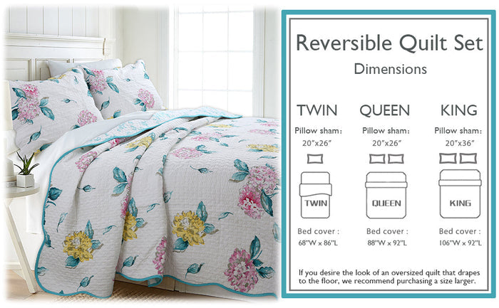 Lowe Floral Scalloped 3-Piece Cotton Reversible Quilt Bedding Set