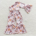 LR0287 Ghost Pumpkin Flowers Print One Shoulder Sleeve Girls Halloween Jumpsuits