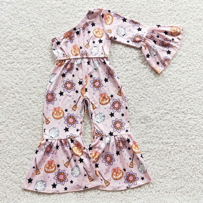 LR0287 Ghost Pumpkin Flowers Print One Shoulder Sleeve Girls Halloween Jumpsuits