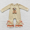LR0290 Dog Pumpkin Embroidery Baby Girls Halloween Romper