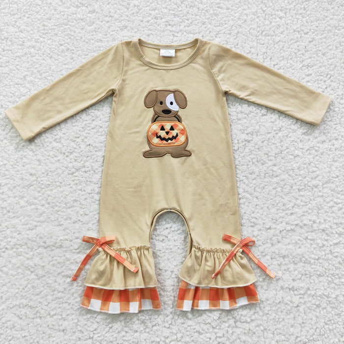 LR0290 Dog Pumpkin Embroidery Baby Girls Halloween Romper