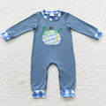 LR0319 Pumpkin Embroidery Blue Baby Boys Fall Romper