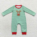 LR0338  Deer Embroidery Green Stripes Baby Boys Christmas Romper