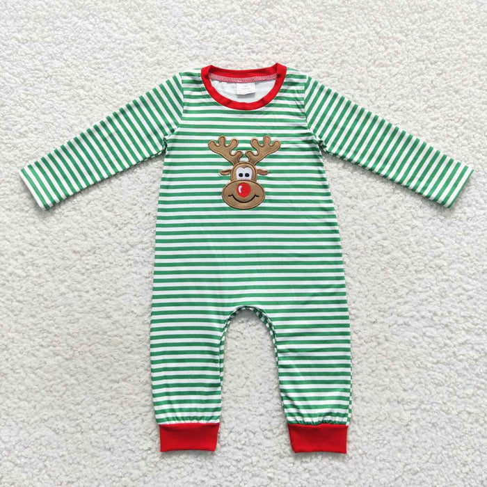 LR0338  Deer Embroidery Green Stripes Baby Boys Christmas Romper