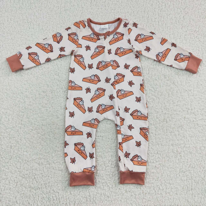 LR0353 Pie Leaf Print Baby Thanksgiving Zipper Sleeper Romper