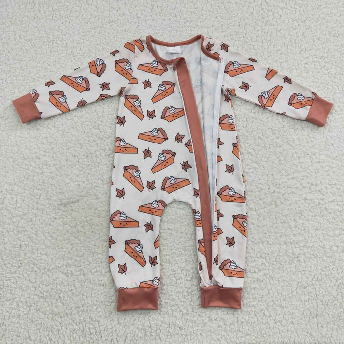 LR0353 Pie Leaf Print Baby Thanksgiving Zipper Sleeper Romper