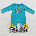 LR0354 Pumpkin Embroidery Cowhide Blue Baby Girls Fall Romper