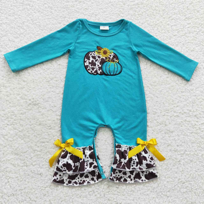 LR0354 Pumpkin Embroidery Cowhide Blue Baby Girls Fall Romper