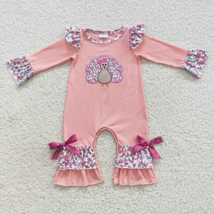 LR0358 Turkey Embroidery Flowers Baby Girls Thanksgiving Romper
