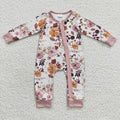LR0363 Pumpkin Flowers Print Baby Girls Fall Zipper Sleeper Romper
