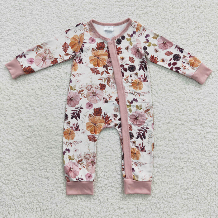 LR0363 Pumpkin Flowers Print Baby Girls Fall Zipper Sleeper Romper
