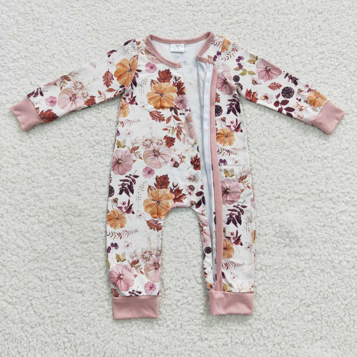 LR0363 Pumpkin Flowers Print Baby Girls Fall Zipper Sleeper Romper
