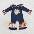 LR0366 Turkey Embroidery Navy Baby Girls Thanksgiving Romper