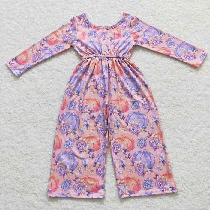 LR0382 Pumpkin Flowers Print Girls Fall Jumpsuits