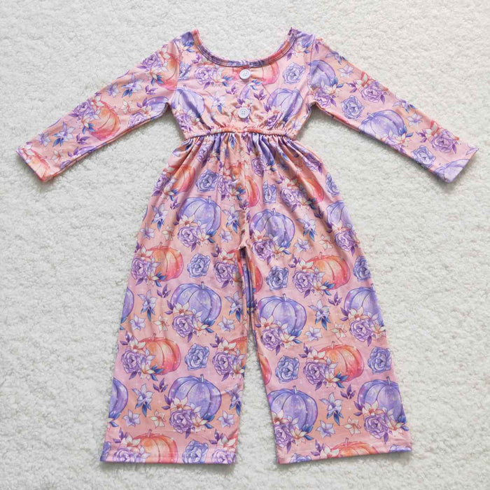 LR0382 Pumpkin Flowers Print Girls Fall Jumpsuits
