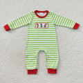 LR0388  Green Frog Embroidery Stripes Baby Boys Christmas Romper
