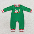 LR0396  Santa Deer Embroidery Green Baby Boys Christmas Romper