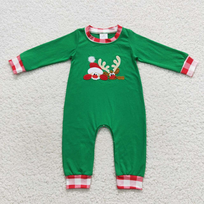 LR0396  Santa Deer Embroidery Green Baby Boys Christmas Romper