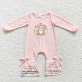 LR0402 Pumpkin Embroidery Stripes Pink Baby Girls Fall Romper