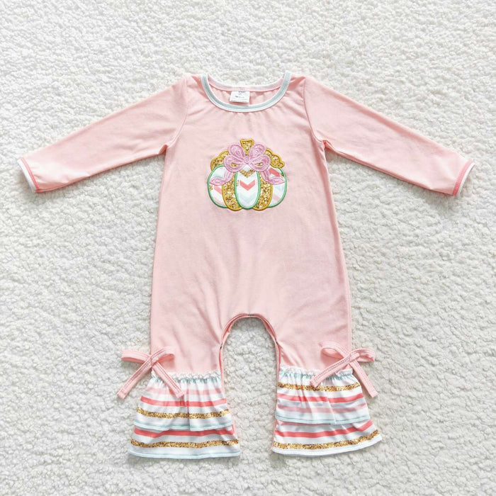 LR0402 Pumpkin Embroidery Stripes Pink Baby Girls Fall Romper