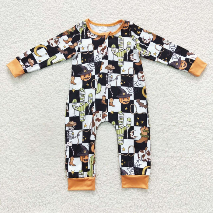 LR0404 Pumpkin Cowboy Checkered Baby Boys Halloween Zipper Sleeper Romper