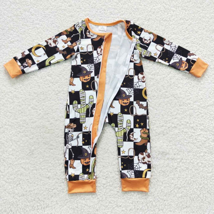 LR0404 Pumpkin Cowboy Checkered Baby Boys Halloween Zipper Sleeper Romper