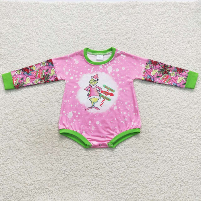 LR0439 Green Frog Pink Print Baby Girls Christmas Romper