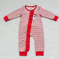LR0441 Santa Embroidery Red Stripes Print Baby Girls Christmas Zipper Sleeper Romper