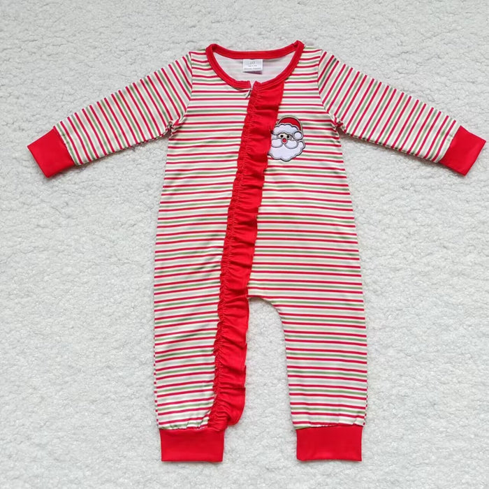 LR0441 Santa Embroidery Red Stripes Print Baby Girls Christmas Zipper Sleeper Romper