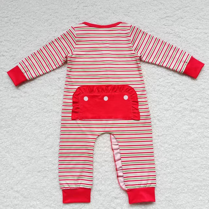 LR0441 Santa Embroidery Red Stripes Print Baby Girls Christmas Zipper Sleeper Romper