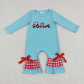 LR0472  Tractor Tree Embroidery Blue Baby Girls Christmas Romper