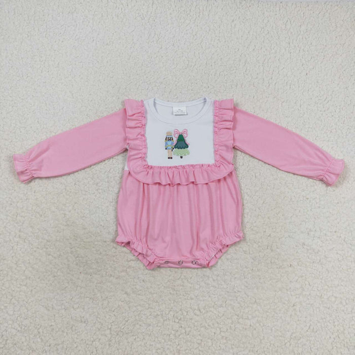 LR0480  Nutcracke* Soldier Embroidery Pink Cotton Baby Girls Christmas Romper