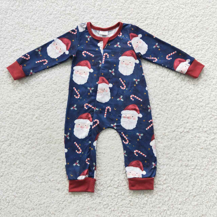 LR0498 Santa Candy Cane Holly Print Baby Christmas Zipper Sleeper Romper