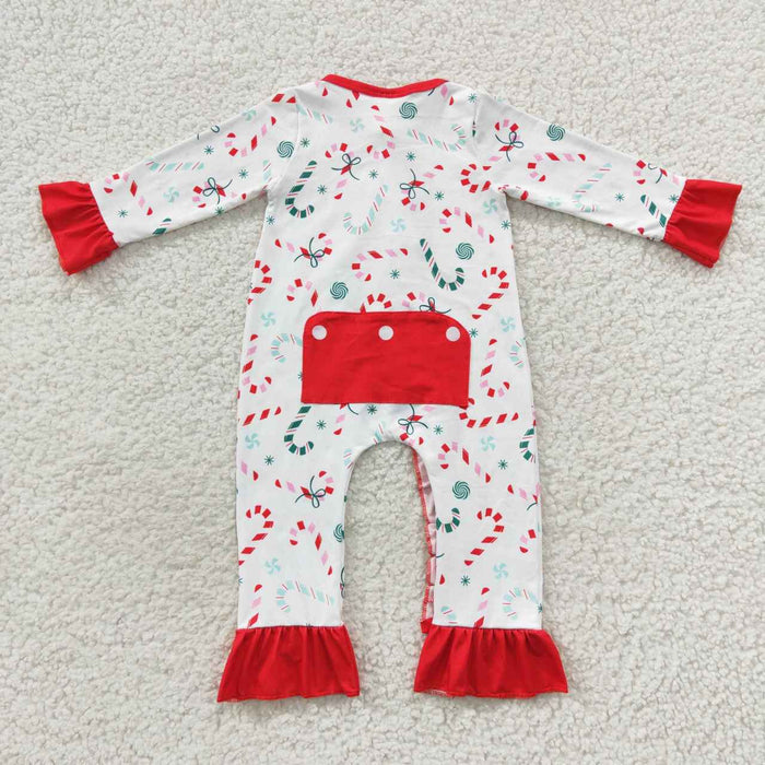 LR0501 Candy Cane Print Baby Girls Christmas Zipper Sleeper Romper