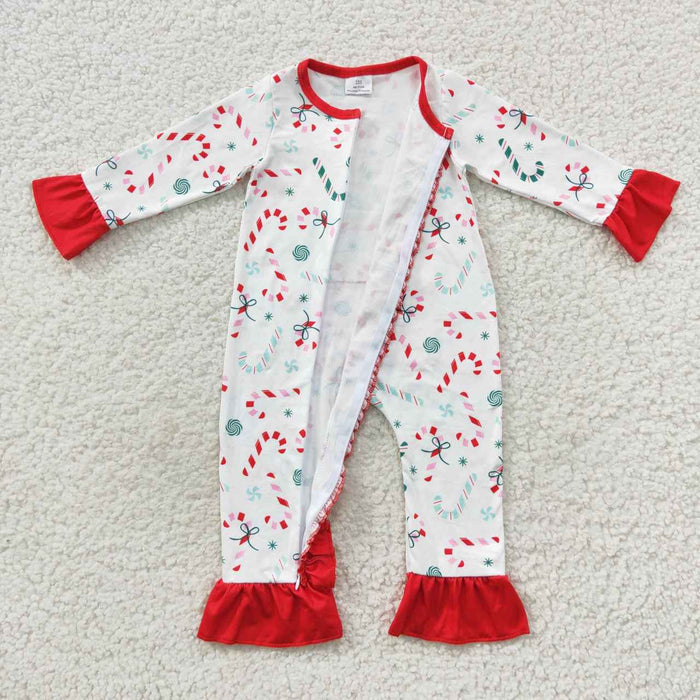 LR0501 Candy Cane Print Baby Girls Christmas Zipper Sleeper Romper