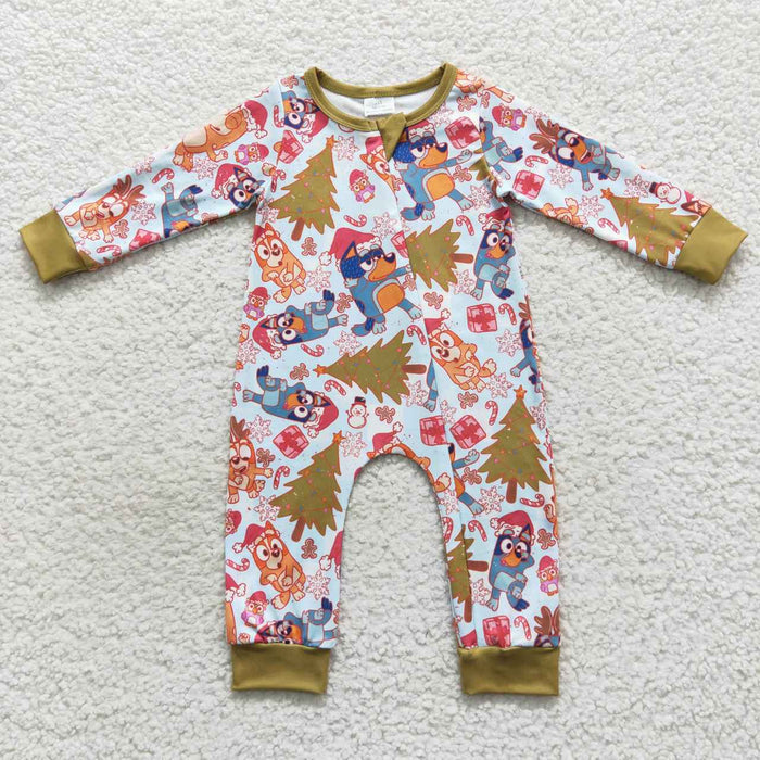 LR0513 Cartoon Dog Tree Print Baby Boys Christmas Zipper Sleeper Romper