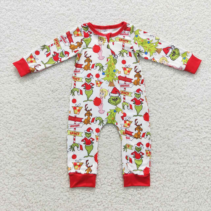 LR0530 Green Frog Friends Print Baby Christmas Zipper Sleeper Romper