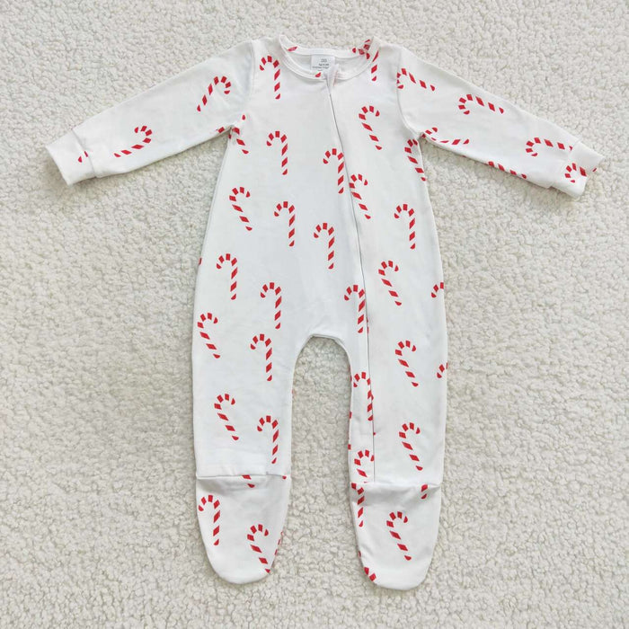LR0551 Candy Cane Print Baby Christmas Zipper Sleeper Footie Romper