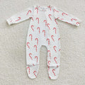LR0551 Candy Cane Print Baby Christmas Zipper Sleeper Footie Romper