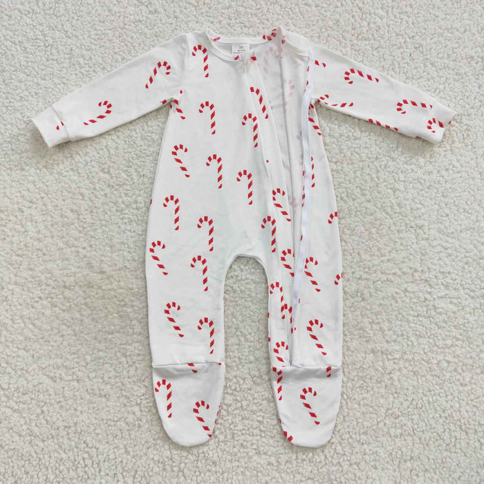 LR0551 Candy Cane Print Baby Christmas Zipper Sleeper Footie Romper