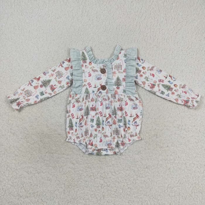 LR0556 Snowman Candy House Print Baby Girls Christmas Ruffle Romper