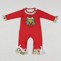 LR0578 Green Frog Red Print Baby Girls Christmas Ruffle Romper