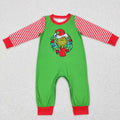 LR0579 Green Frog Stripes Print Baby Boys Christmas Romper