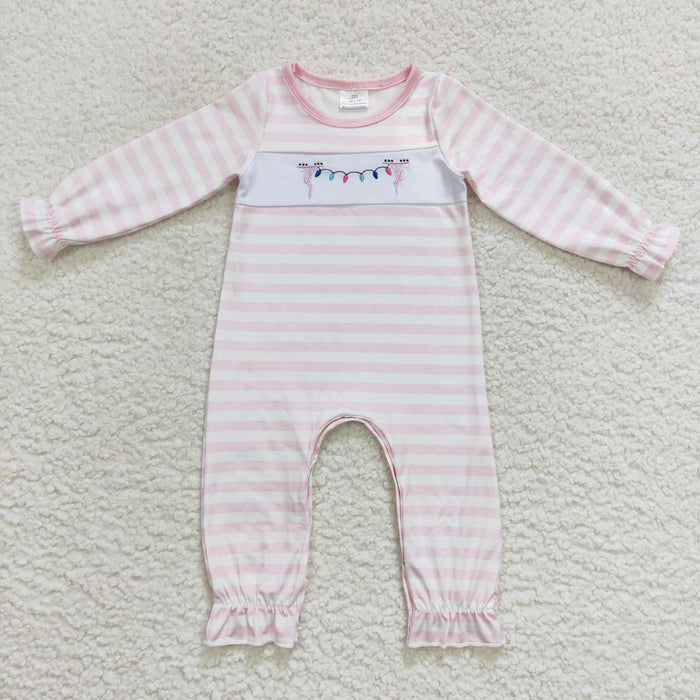 LR0582 Lights Embroidery Pink Stripes Baby Girls Christmas Romper